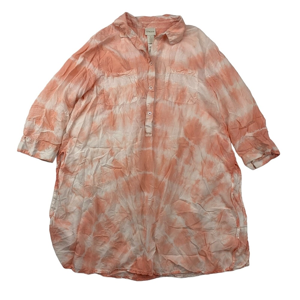 Chicos Y-Neck Tie Dye Tunic Peach White Collared Side Slits Sz S (Chico's Sz 1)